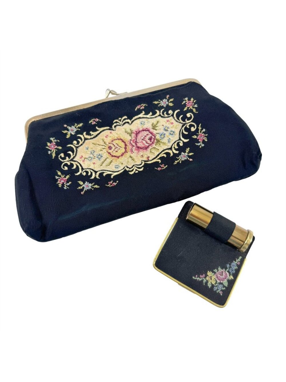 Fomerz Petit Point Cosmetic Bag Mirror Lipstick Holder West German Vintage 1950s